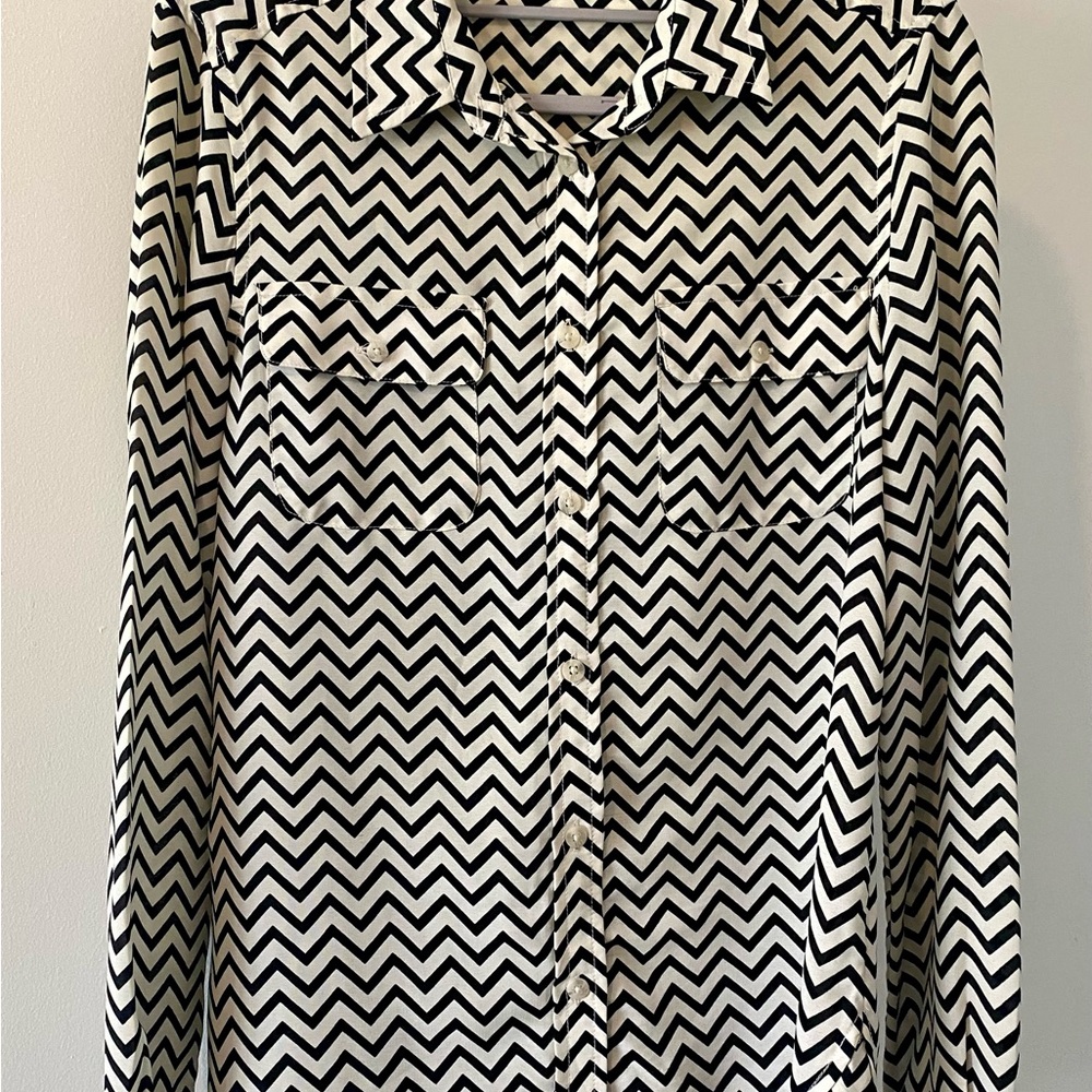 Black and White Chevron Blouse with Classic Collar